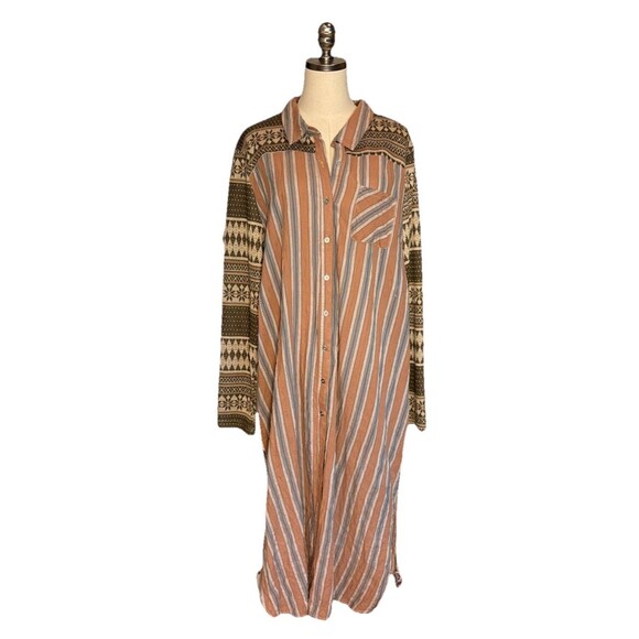 Oddy Shirt Dress 3x Button Down Sweater Sleeves Boho Nordic Isle Striped - Picture 1 of 10